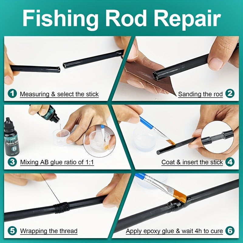 Fishing Rod Repair Kit with Top Rings Guides AB Epoxy Glue Winding Line Textured Paper Complete Rod Break Fix Set Iron Rod Guides Replacement Supplies FRT-02