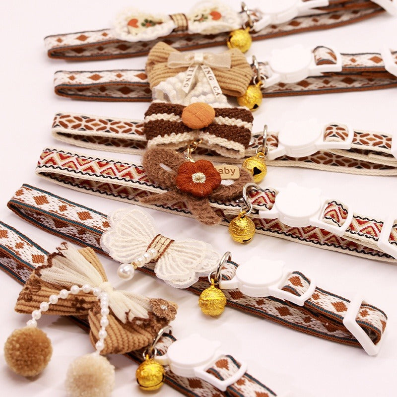 Cat Collar Set 6 Pack Decorative with Bow Lace Bells & Hanging Beads, Safety Breakaway Buckle Anti-Choke Cat Necklace Collar, Stylish Pet Collar Gift Set for Cats & Small Dogs