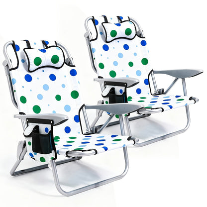 Folding Beach Chair Lay Flat Camping Chair for Adults 4 Position Adjustable Backpack Chair with Cup Holder Towel Bar Cooler Pouch Lightweight Portable Outdoor Lounge Chair