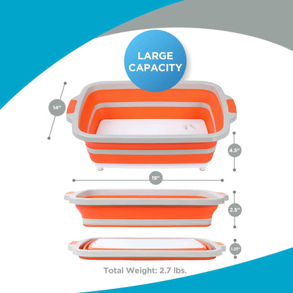 Collapsible BBQ Prep Caddy with Cutting Board & Lid - 3-in-1 Foldable Grill Preparation Tub, Food-Safe Plastic, Washing Basket & Marination Container - Orange