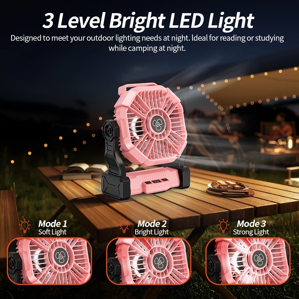 Portable Camping Fan 3-in-1 with LED Lantern & USB Charging – Battery Powered Tent Fan with Timer, 360° Rotation, for Outdoor Camping, Barbecue, Travel & Emergency Use (6 Colors)