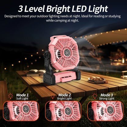 Portable Camping Fan 3-in-1 with LED Lantern & USB Charging – Battery Powered Tent Fan with Timer, 360° Rotation, for Outdoor Camping, Barbecue, Travel & Emergency Use (6 Colors)