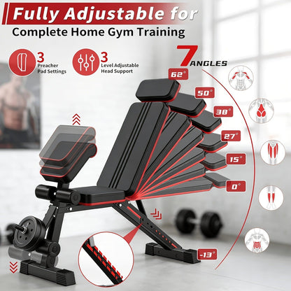 Adjustable Weight Bench – Foldable 14-in-1 Home Gym Dumbbell Bench, 1000 lbs Capacity, Roman Chair with Thick Cushion & Headrest