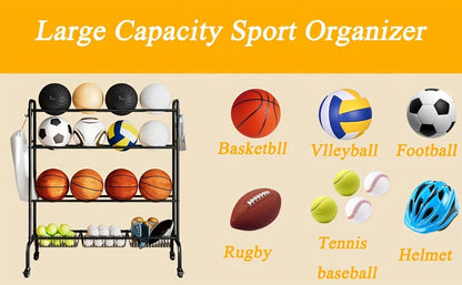 Sports Equipment Storage Rack with Wheels – 4-Tier Ball Rack for Basketball Soccer Volleyball with Hooks & Rolling Casters for Gym Garage