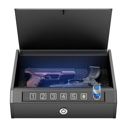 Biometric Gun Safe Fingerprint Digital PIN & Key Unlock 3-Way Access Internal Light Silent Mode Emergency Power Supply Gun Lock Box for Home Bedroom Nightstand Car