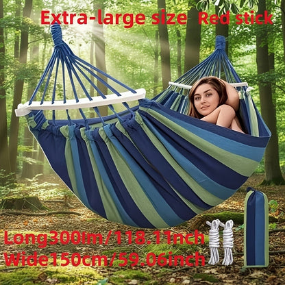 Outdoor Woven Hammock with Wooden Spreader Bar – Thickened Nylon Rope, Single or Double Size – Hanging Chair Swing Bed for Garden, Courtyard, Park & Balcony (No Frame Included)