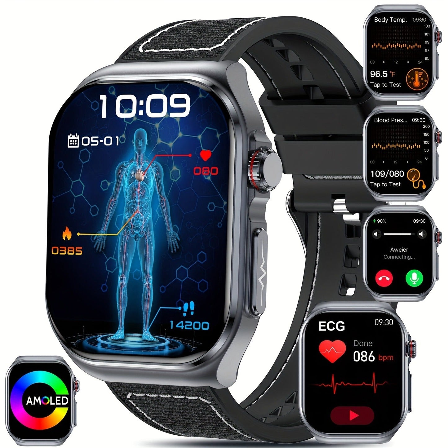 AMOLED Smartwatch 2.04" Display, Bluetooth 5.3 Calling, NFC, 530mAh Battery, Multi-Sport Modes, Voice Assistant, SOS, Menstrual & Weather Forecast, Magnetic Charging, Compatible with iOS & Android, Unisex Gift for Men & Women