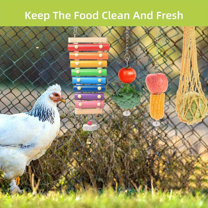 Chicken Coop Toys Set – Xylophone, Swing, Mirror, Step Ladder & Pecking Toys for Hens, Wood & Colorful Bead Enrichment Accessories for Backyard Chickens & Parrots, 5pcs or 9pcs