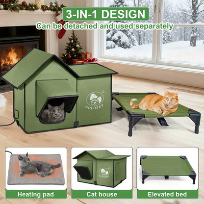 Elevated Cat House & Dog Bed with Detachable Heating Pad - Raised Outdoor Indoor Pet Bed for Cats Small Dogs, Durable Weatherproof Pet House with Removable Warm Pad, Multiple Sizes Available