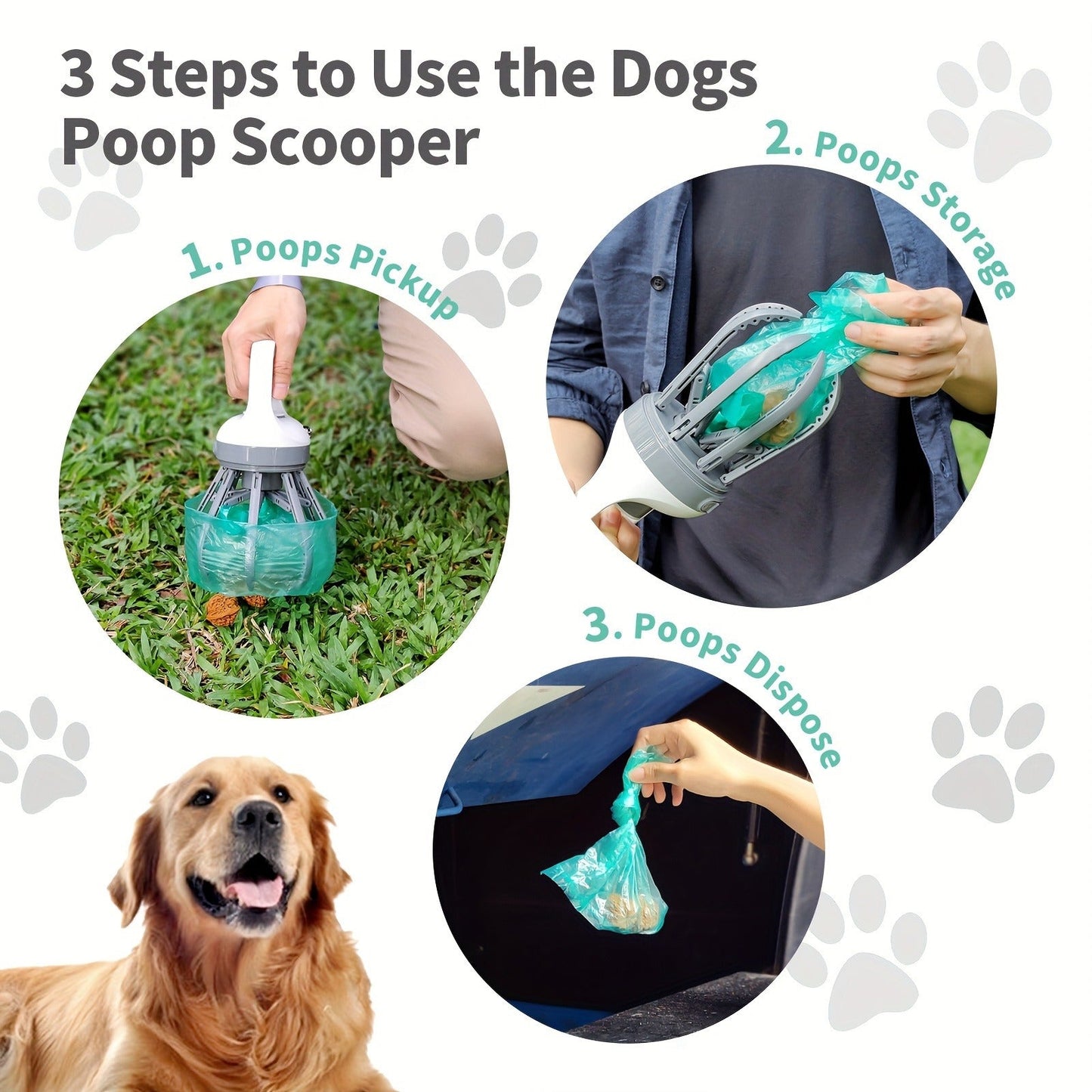 Dog Pooper Scooper No-Touch 2-in-1 with 75 Waste Bags & Wide Claw Attachment – Portable Hands-Free Hygienic Waste Pick-Up System for Small Medium Large Dogs, Parks & Lawn Use