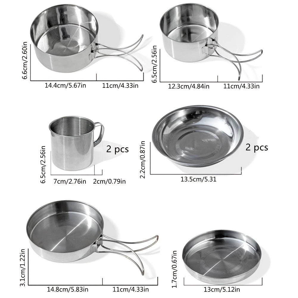 Camping Tableware Set 8 Piece Stainless Steel – Portable Outdoor Dining Set with Foldable Handle Plates, Cups & Utensils | Lightweight Camping Cookware for 2-3 People, Picnic, BBQ & Hiking