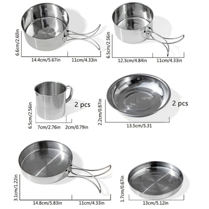 Camping Tableware Set 8 Piece Stainless Steel – Portable Outdoor Dining Set with Foldable Handle Plates, Cups & Utensils | Lightweight Camping Cookware for 2-3 People, Picnic, BBQ & Hiking