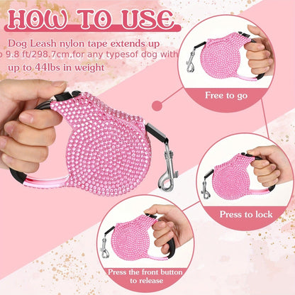 Retractable Dog Leash Set of 2 with Rhinestone Decoration, Pink Bone-Shaped Waste Bag Dispenser & Metal Clip, Bling Leash for Small Medium Dogs & Puppies, Stylish Pet Walking Accessory