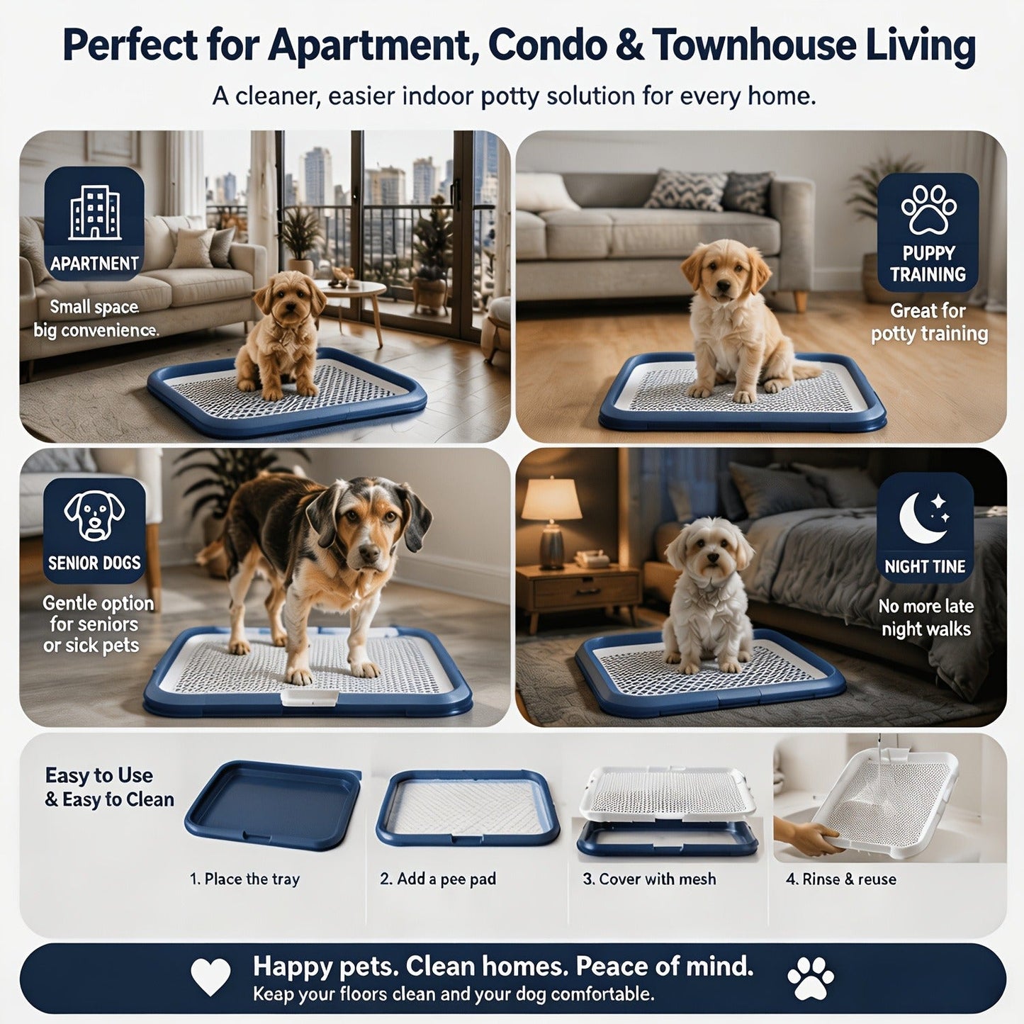 Indoor Dog Potty Tray with Removable Grating - Leak-Proof Puppy Training Toilet, Washable Pee Pad Holder for Apartments, Easy Clean Dog Bathroom, 7 Colors, Small & Large Sizes