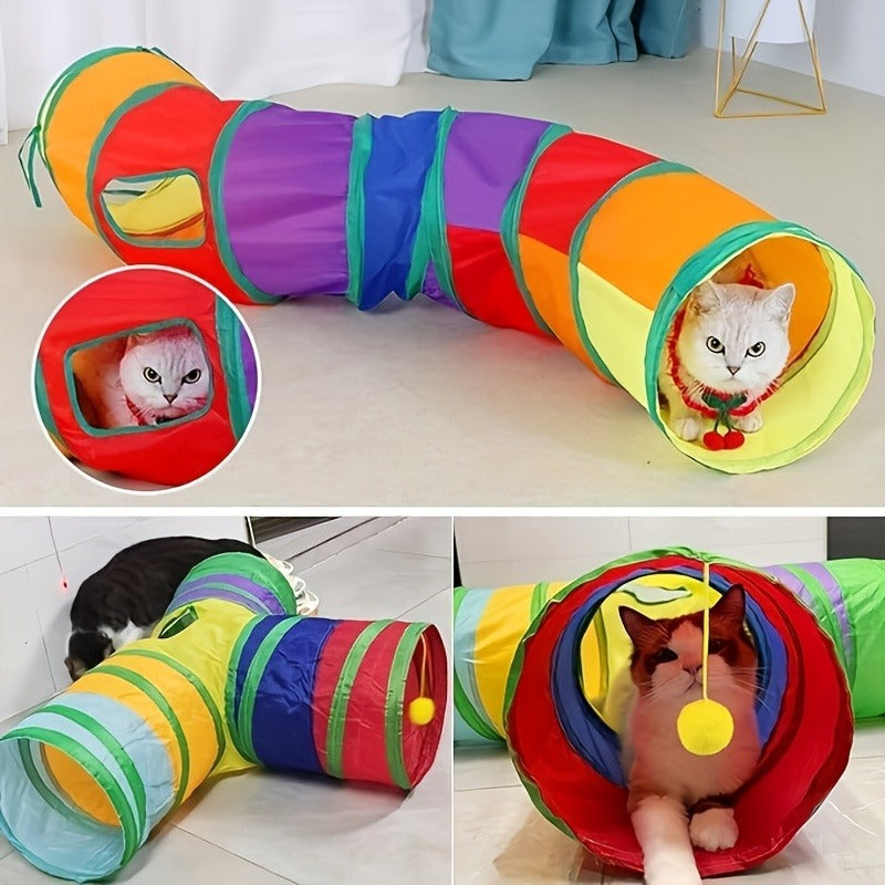 Collapsible Cat Tunnel Toy - Foldable S-Shaped & 3-Way Tube with Ball & Peek Holes, Rainbow Colors, Connectable Cat Play Tunnel for Indoor Cats & Kittens, 1pc or 2-Pack Bundle