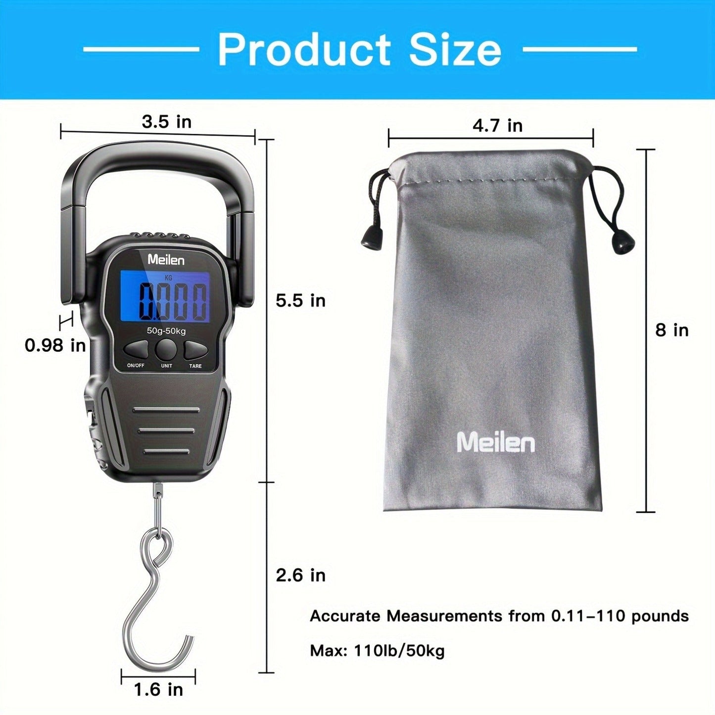 Digital Fishing Scale 50kg 110lb Portable Handheld Fish Scale with LCD Backlight & Built-in Measuring Tape - Electronic Hook Scale for Fishing Luggage Travel Market Use, 1g Accuracy, Black