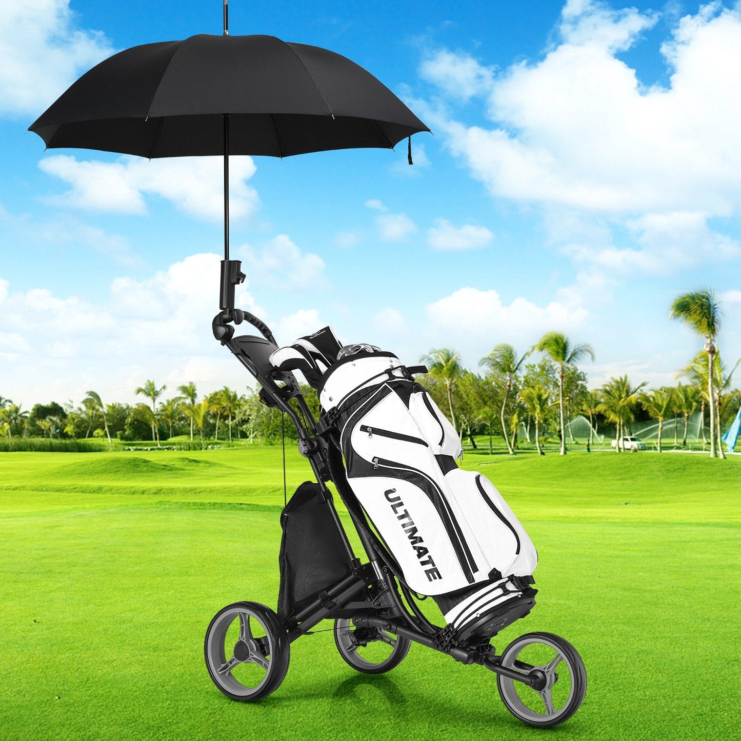 3-Wheel Folding Golf Push Cart Lightweight Aluminum Golf Trolley with Cup Holder Umbrella Holder Scoreboard Storage Bag Foot Brake Adjustable Handle for Golf Clubs