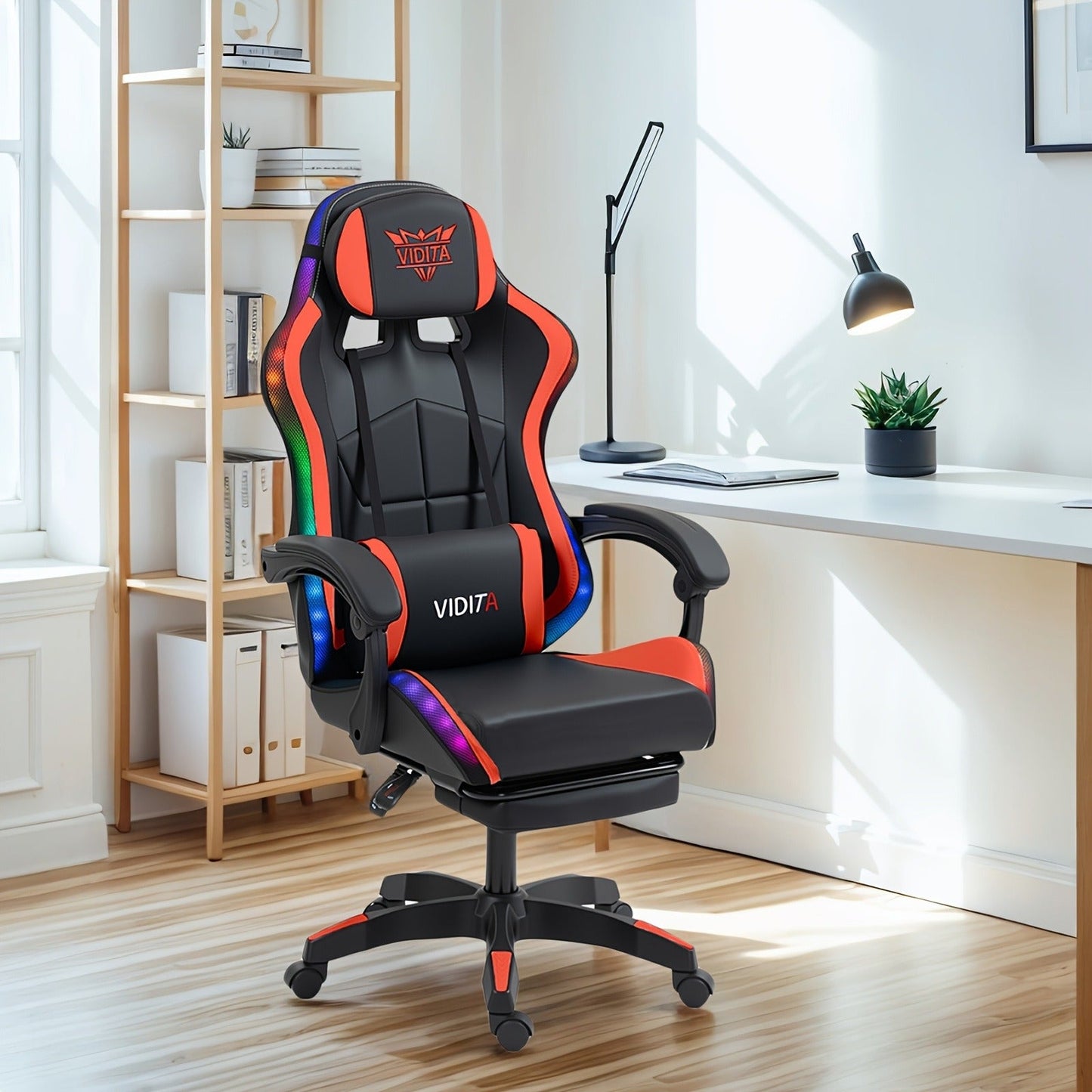 RGB Gaming Chair with LED Lights Footrest Ergonomic Gaming Chair with Massage Lumbar Support Reclining Video Game Chair for Adults Home Office Computer Chair with USB RGB Lighting