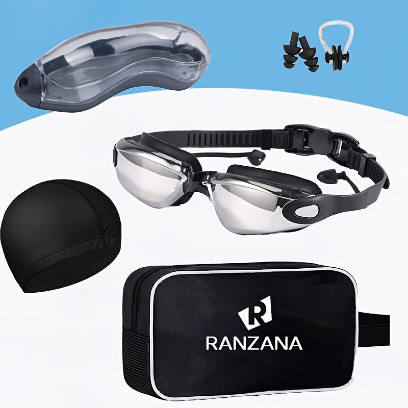 Anti-Fog Racing Swim Goggles Set 6-in-1 - HD UV Protection Silver Coated PC Lens, Waterproof PU Swim Cap, Nose Clip, Earplugs, Goggle Case & Storage Bag for Adult Men Women Pool Training Competition