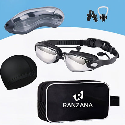 Anti-Fog Racing Swim Goggles Set 6-in-1 - HD UV Protection Silver Coated PC Lens, Waterproof PU Swim Cap, Nose Clip, Earplugs, Goggle Case & Storage Bag for Adult Men Women Pool Training Competition