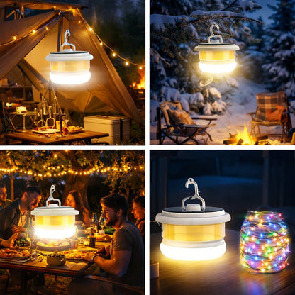 Solar Camping Lantern with Retractable String Lights – 2-in-1 LED Tent Light, 6 Modes, USB-C & Solar Rechargeable, Hand Crank, 10M String Lights, Portable Outdoor Camping Light for Camping, Patio & Emergency