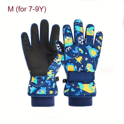 Kids Ski Gloves Winter Plus Velvet Warm – Boys & Girls Snow Play Gloves Ages 4-13, Windproof Polyester with Plush Lining, Sizes M (7-9Y) & L (9-13Y), Navy Blue, Black & Pink