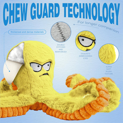 Tough Dog Chew Toy Octopus - Squeaky Stuffed Interactive Dog Toys for Large Dogs, Crinkle Tug of War Plush Dog Toy to Keep Dogs Busy, Durable Dog Toys 1/2/4 Pack - Blue & Yellow Octopus