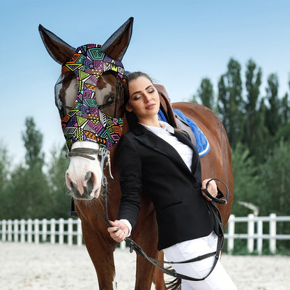 Horse Fly Mask with Ears 6-Pack – Soft Elastic Breathable Face Covering for Horses | Smooth Comfortable Fit, Geometric Pattern, Medium Size, Equine Riding Supplies & Fly Protection