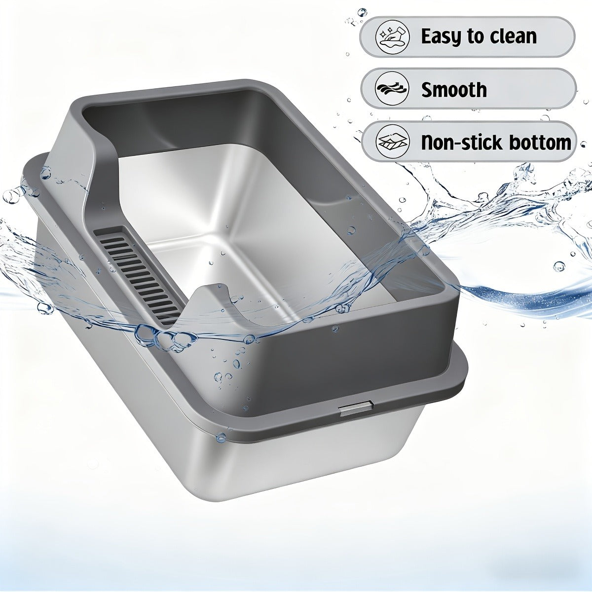 Stainless Steel Cat Litter Box with Scoop - High-Wall Semi-Enclosed Design, Non-Stick Easy Clean Surface, Anti-Leakage Odor Control, 2 Sizes for Kittens & Multiple Cats, Modern Metal Pet Toilet