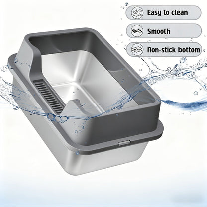 Stainless Steel Cat Litter Box with Scoop - High-Wall Semi-Enclosed Design, Non-Stick Easy Clean Surface, Anti-Leakage Odor Control, 2 Sizes for Kittens & Multiple Cats, Modern Metal Pet Toilet