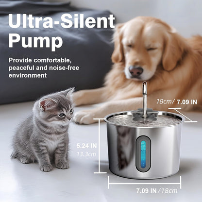 Stainless Steel Cat Water Fountain 74oz - 304 Food-Grade Steel, Ultra-Quiet USB Pump, 3-Stage Filtration, Visible Water Level Window, Auto Circulation for Cats & Small Dogs