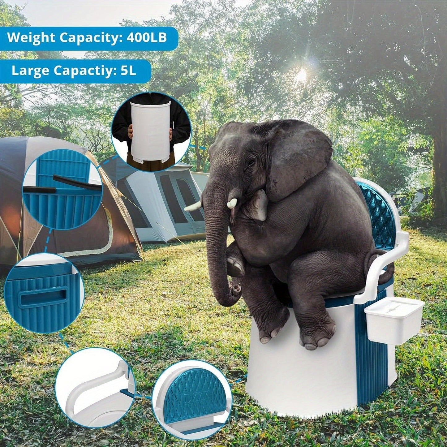 Portable Camping Toilet with Backrest – 350lb Capacity, 6-8 Gal Detachable Bucket, Anti-Slip Base, Built-in TP Holder & Phone Shelf – Lightweight Commode for RV, Boat, Travel & Medical Use