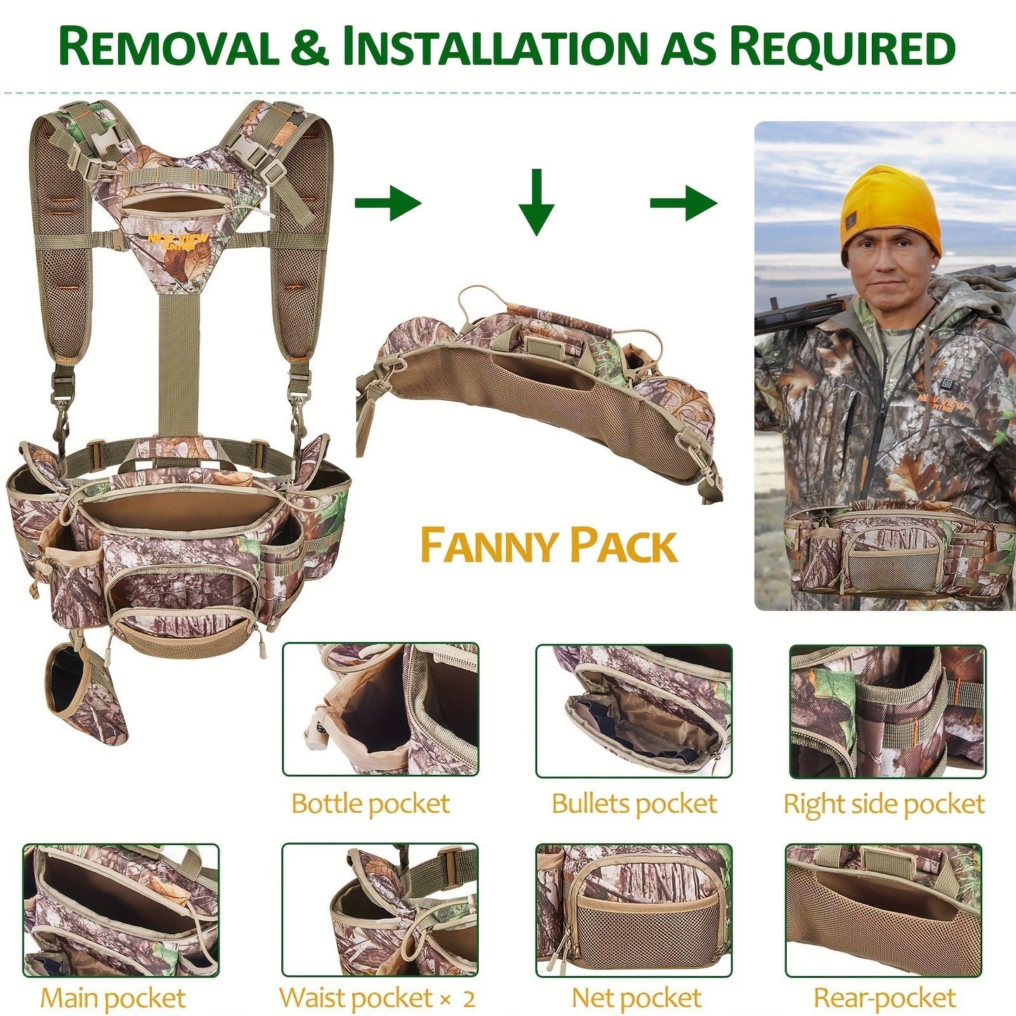 Hunting Fanny Pack for Men with 9 Pockets – Camouflage Waist Bag with Rifle & Bow Holder, Adjustable Strap & Buckle Closure for Hunters & Outdoor Tactical Use