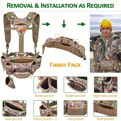 Hunting Fanny Pack for Men with 9 Pockets – Camouflage Waist Bag with Rifle & Bow Holder, Adjustable Strap & Buckle Closure for Hunters & Outdoor Tactical Use