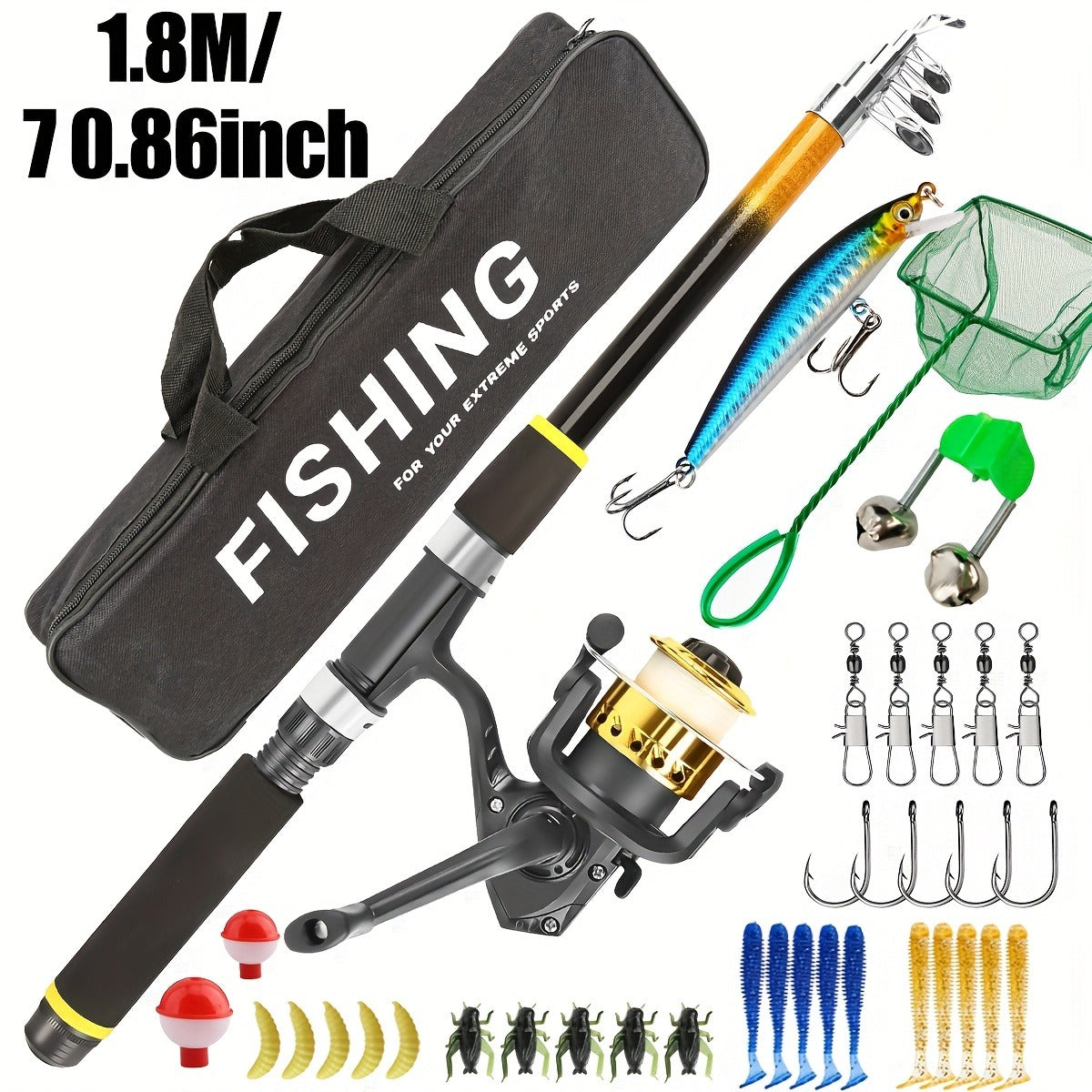 Baitcasting Rod and Reel Combo Set – Medium-Fast Action Telescopic Fishing Rod with Line, Lures, Accessories Box & Carry Bag, Ambidextrous Design for Beginners