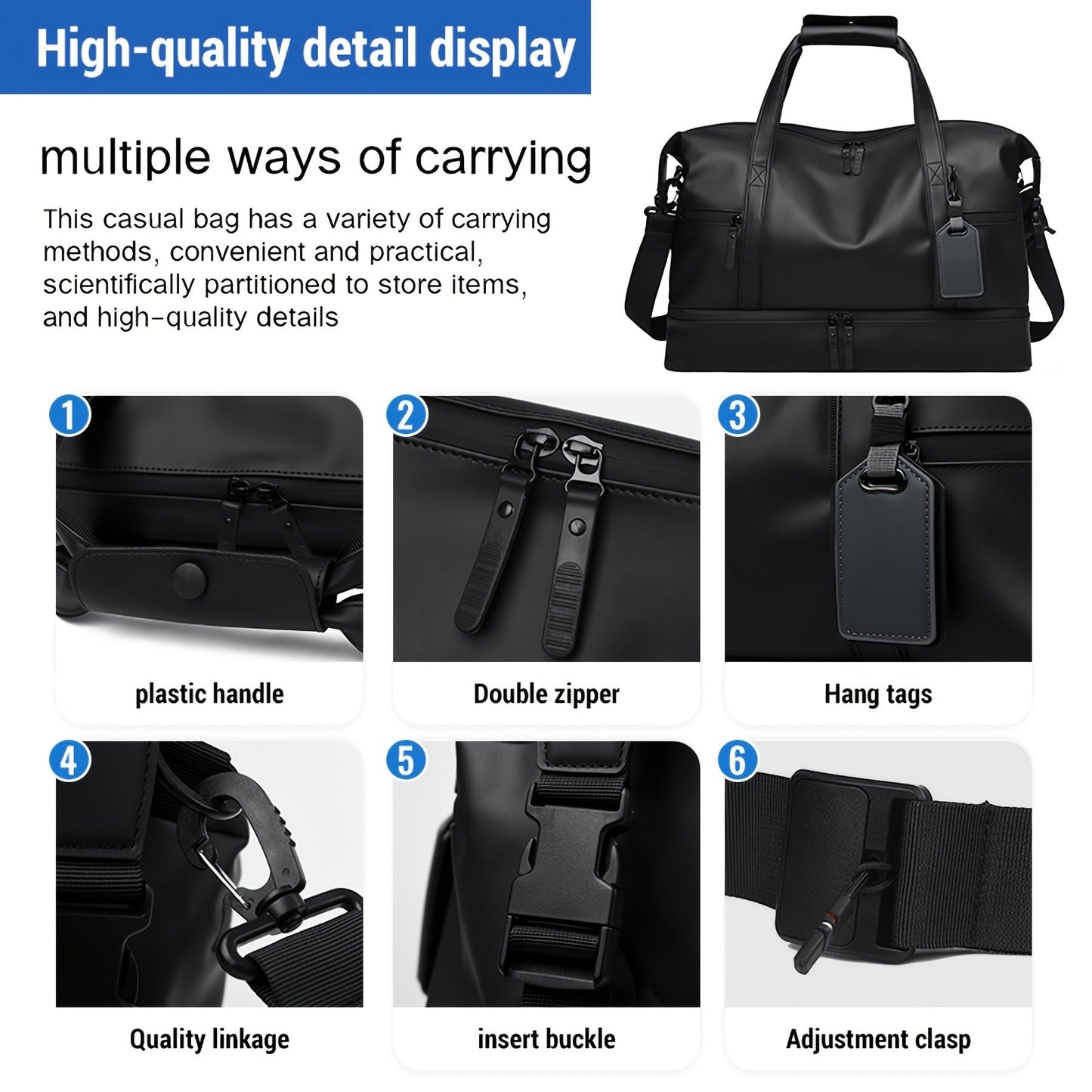 Gym Duffel Bag PU Foldable Sports Duffle with Shoe Compartment & Wet Pocket – Lightweight Weekender Travel Bag for Workout, Daily Use, Carry-On & Overnight Trips, Available in Black, Blue & Gray