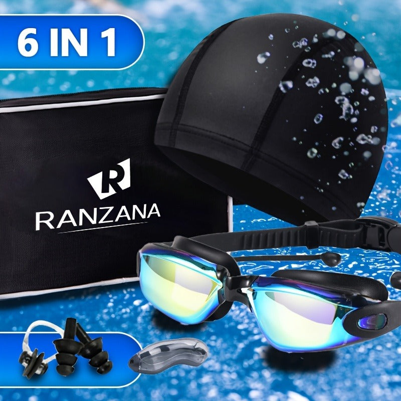 Swim Goggles Set 6pcs – Iridescent Coated PC Lens, UV Protection, Waterproof PU Swim Cap, Nose Clip, Earplugs, Case & Storage Bag for Adult Racing Swimming