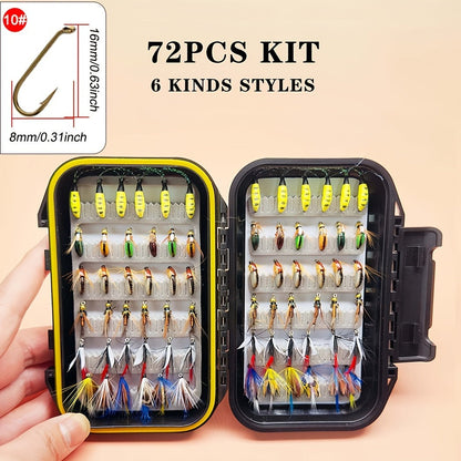 Fly Fishing Lures 72pcs Dry & Wet Flies Assortment with Fly Box - Hand-Tied 6 Patterns for Trout, Bass & Salmon, Biomimetic Bait, Fisherman Gift