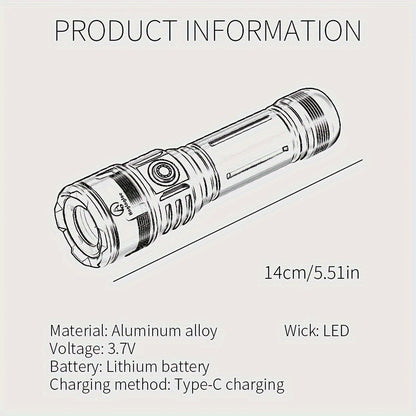Zoomable LED Flashlight 4500LM, Aluminum Alloy Torch Fresnel Lens Adjustable Beam, 21700 3000mAh Rechargeable Battery, Fire Starting, Long Runtime for Camping Fishing Survival Night Cycling Power Outage