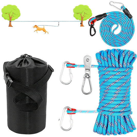 Overhead Dog Trolley System 75ft - Heavy Duty Reflective Cable Runner, Supports Up to 200lbs, Portable Easy Setup for Yard, Park, Camping & Hiking, Black & Blue, Outdoor Dog Run