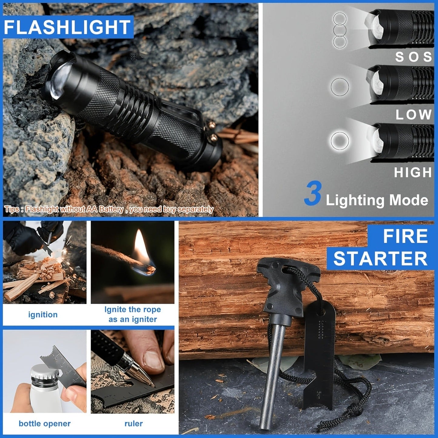 Outdoor Survival Kit 12-115 Piece – Emergency Gear Set for Camping, Hiking & Survival, Multi-Tool Equipment for Men, Dad, Husband – Unique Outdoor Gift Idea