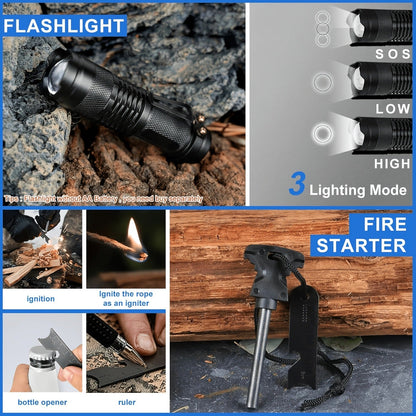 Outdoor Survival Kit 12-115 Piece – Emergency Gear Set for Camping, Hiking & Survival, Multi-Tool Equipment for Men, Dad, Husband – Unique Outdoor Gift Idea