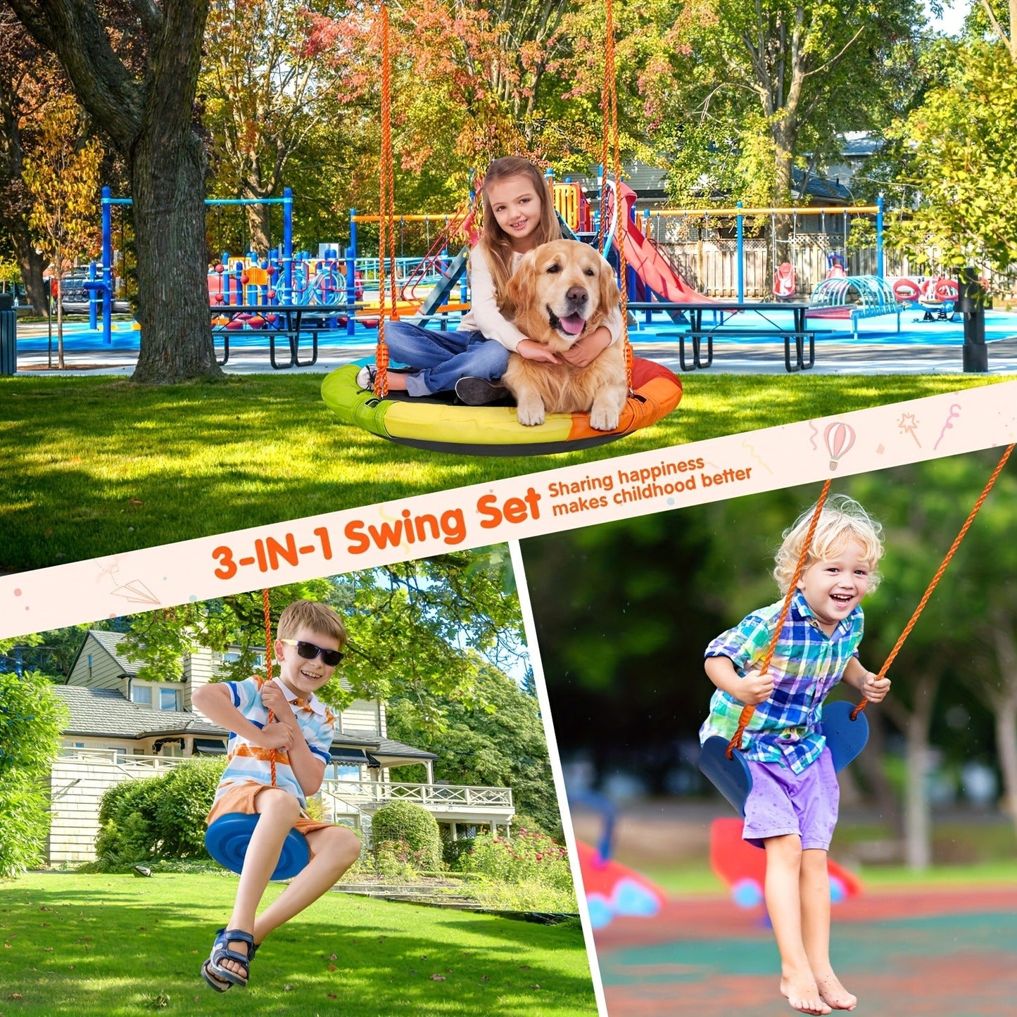 Outdoor Swing Set for Kids 3-in-1 Metal A-Frame 550 lbs Disc Saucer Swing Backyard Playground