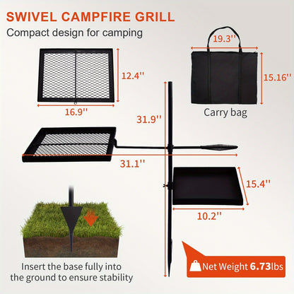Portable Camping Grill Set – Heavy Duty Skillet Combo with Adjustable Grill Grate, Grill Pan & Carrying Bag – Steel & Iron Construction, 3 Size Options, Black Outdoor Cooking Kit