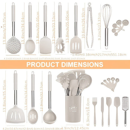 Silicone Kitchen Utensils Set 25pcs Nonstick Cooking Utensils with Stainless Steel Handle Food-Grade Silicone Spatulas Spoons Tongs Complete Kitchen Tool Set for Indoor Outdoor Cooking Grey Black Coffee