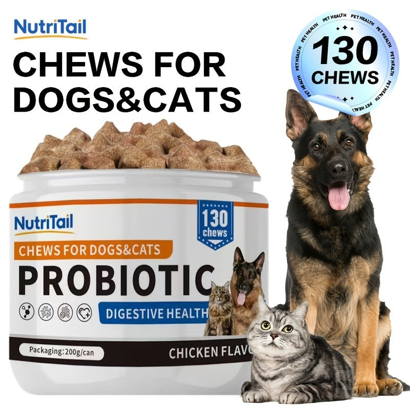 Pet Soft Chews for Skin & Hair, Probiotics & Calming - 200g / 130 Chewable Tablets, Moisturizes Skin, Maintains Coat, Supports Gut Health & Quiet Moments, Suitable for Dogs & Cats All Breeds