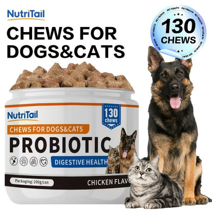 Pet Soft Chews for Skin & Hair, Probiotics & Calming - 200g / 130 Chewable Tablets, Moisturizes Skin, Maintains Coat, Supports Gut Health & Quiet Moments, Suitable for Dogs & Cats All Breeds