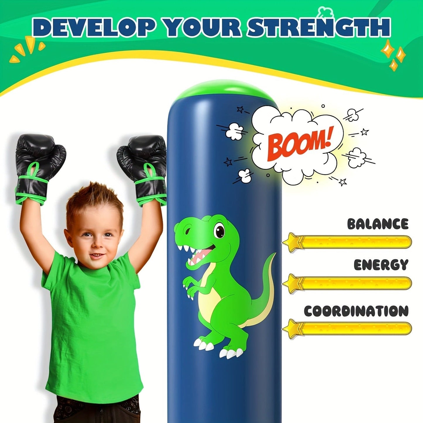 Kids Inflatable Punching Bag 48 Inch Dinosaur Bop Bag Toy for Boys Girls Ages 3-12 Boxing Training Karate Practice Gift