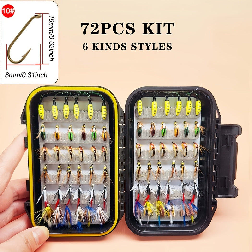 Fly Fishing Lures 72pcs Dry & Wet Flies Assortment with Fly Box - Hand-Tied 6 Patterns for Trout, Bass & Salmon, Biomimetic Bait, Fisherman Gift