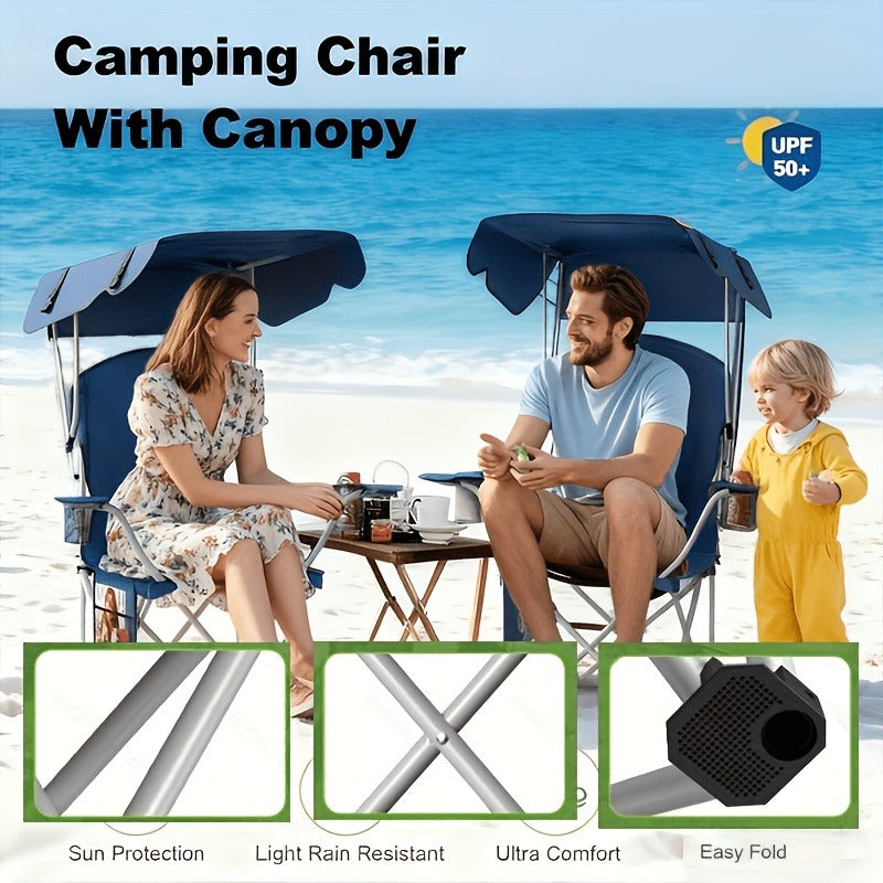 Portable Folding Camping Chair with Canopy Sun Shade 600D Oxford Fabric Outdoor Chair for Camping Beach Picnic Fishing Sports Lightweight Foldable Seat